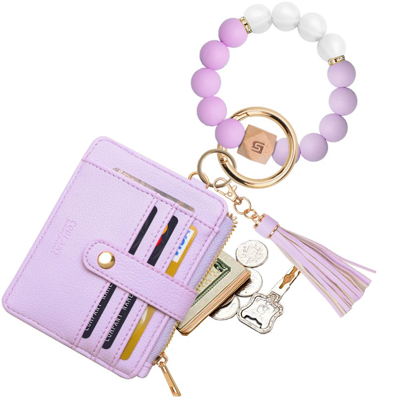 COOLANS Wristlet Bracelet Keychain Pocket Credit Card Holder Purse Tassel Keychain Bangle Key Ring for Women (Silicone Bead Bracelet+Card Purse (Light purple)) - Image 1